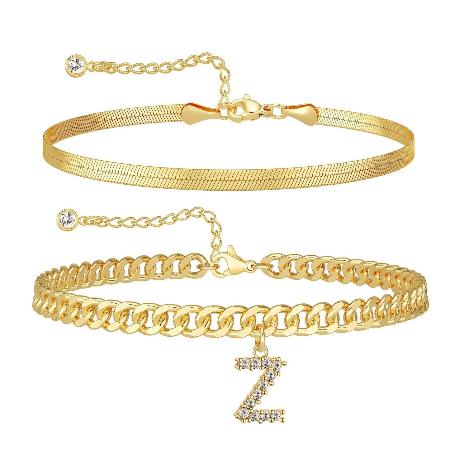Gold Initial Ankle Bracelets for Women, Layered Snake Cuban Chain Anklet with Cubic Zirconia Letter Charm, Hypoallergenic Adjustable Summer Beach Anklet Jewelry Gift