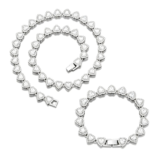 Heart Tennis Chain Necklace Bracelet Set for Men Women, Sparkling Cubic Zirconia Heart Link Jewelry Set, Silver Plated Hip Hop Party Dating Accessories Gift