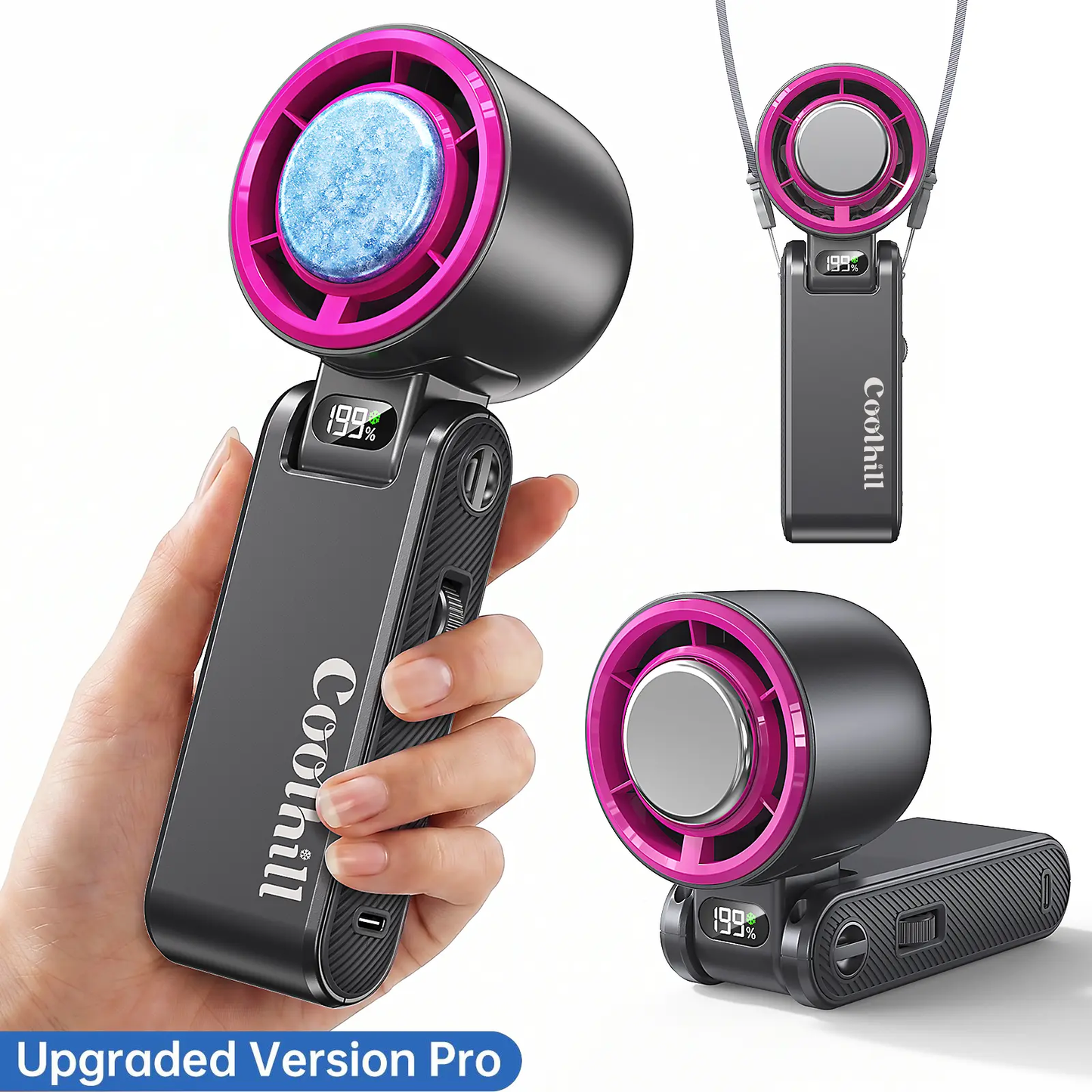Coolhill Portable Handheld Fan, Ice Compress Cooling Mini Fan with 199 Speed, 5500mAh Rechargeable Battery LED Power Display, Foldable Personal Fan with Lanyard for Outdoor Travel