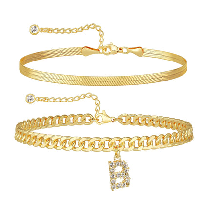 Gold Initial Ankle Bracelets for Women, Layered Snake Cuban Chain Anklet with Cubic Zirconia Letter Charm, Hypoallergenic Adjustable Summer Beach Anklet Jewelry Gift