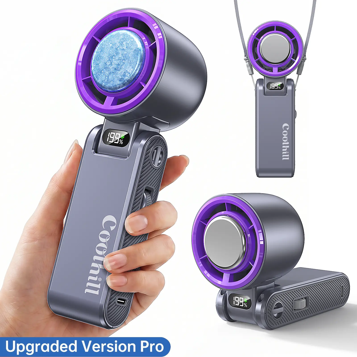 Coolhill Portable Handheld Fan, Ice Compress Cooling Mini Fan with 199 Speed, 5500mAh Rechargeable Battery LED Power Display, Foldable Personal Fan with Lanyard for Outdoor Travel