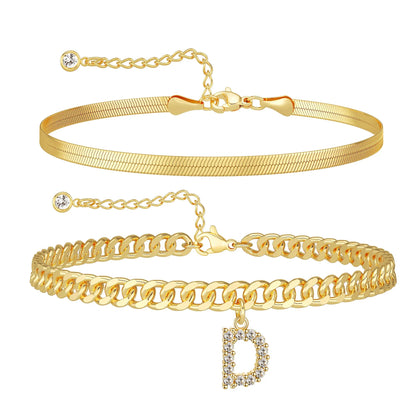 Gold Initial Ankle Bracelets for Women, Layered Snake Cuban Chain Anklet with Cubic Zirconia Letter Charm, Hypoallergenic Adjustable Summer Beach Anklet Jewelry Gift