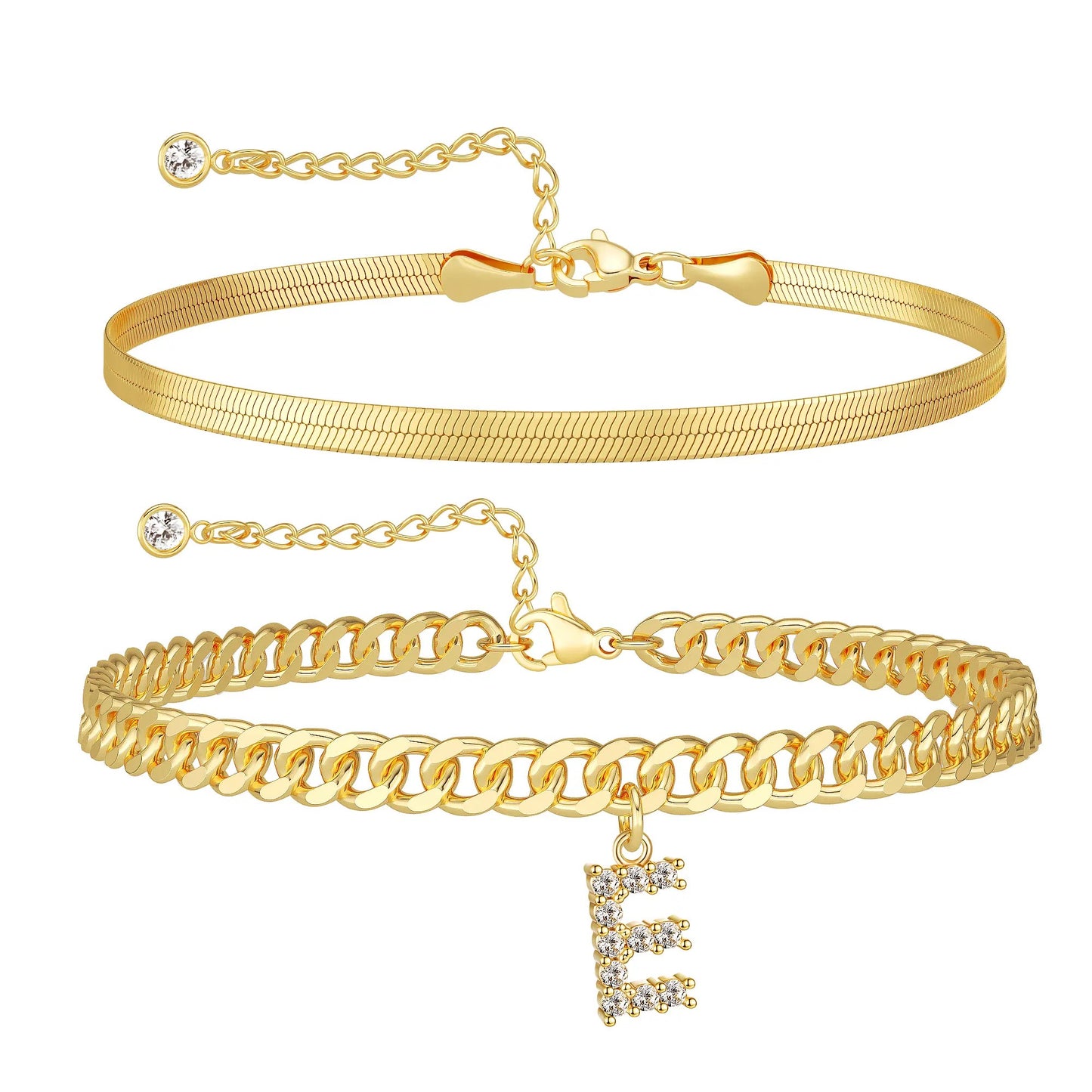 Gold Initial Ankle Bracelets for Women, Layered Snake Cuban Chain Anklet with Cubic Zirconia Letter Charm, Hypoallergenic Adjustable Summer Beach Anklet Jewelry Gift