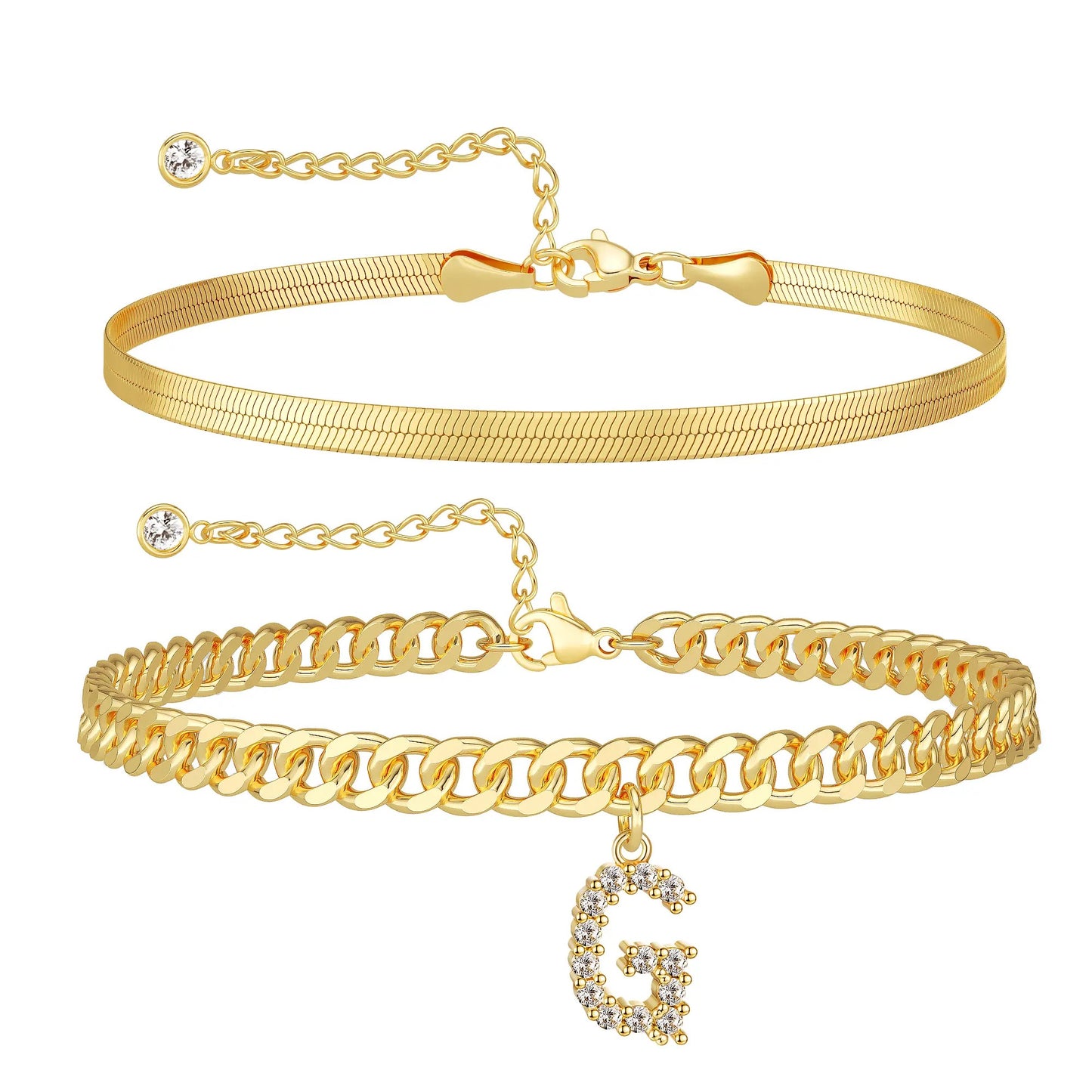 Gold Initial Ankle Bracelets for Women, Layered Snake Cuban Chain Anklet with Cubic Zirconia Letter Charm, Hypoallergenic Adjustable Summer Beach Anklet Jewelry Gift