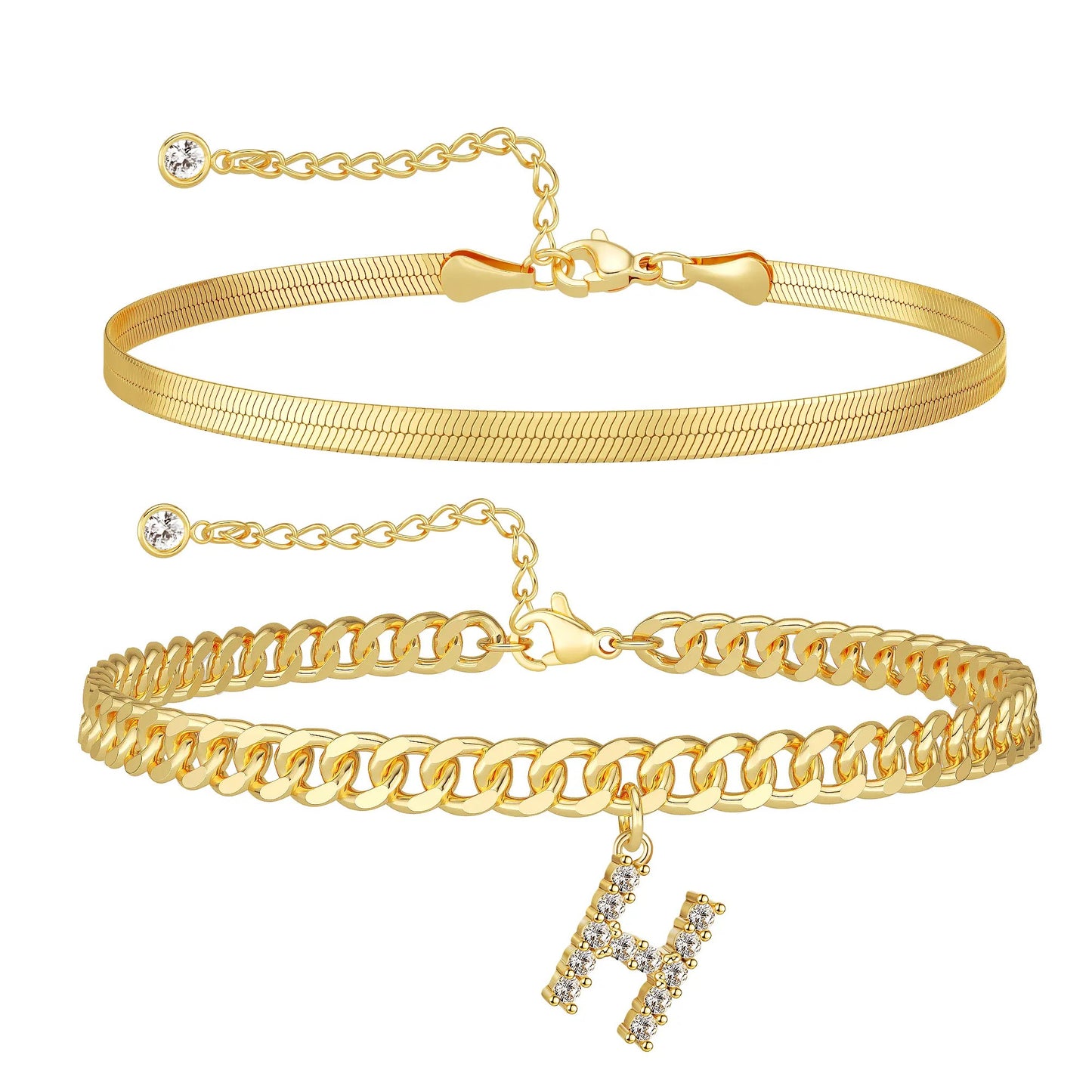 Gold Initial Ankle Bracelets for Women, Layered Snake Cuban Chain Anklet with Cubic Zirconia Letter Charm, Hypoallergenic Adjustable Summer Beach Anklet Jewelry Gift