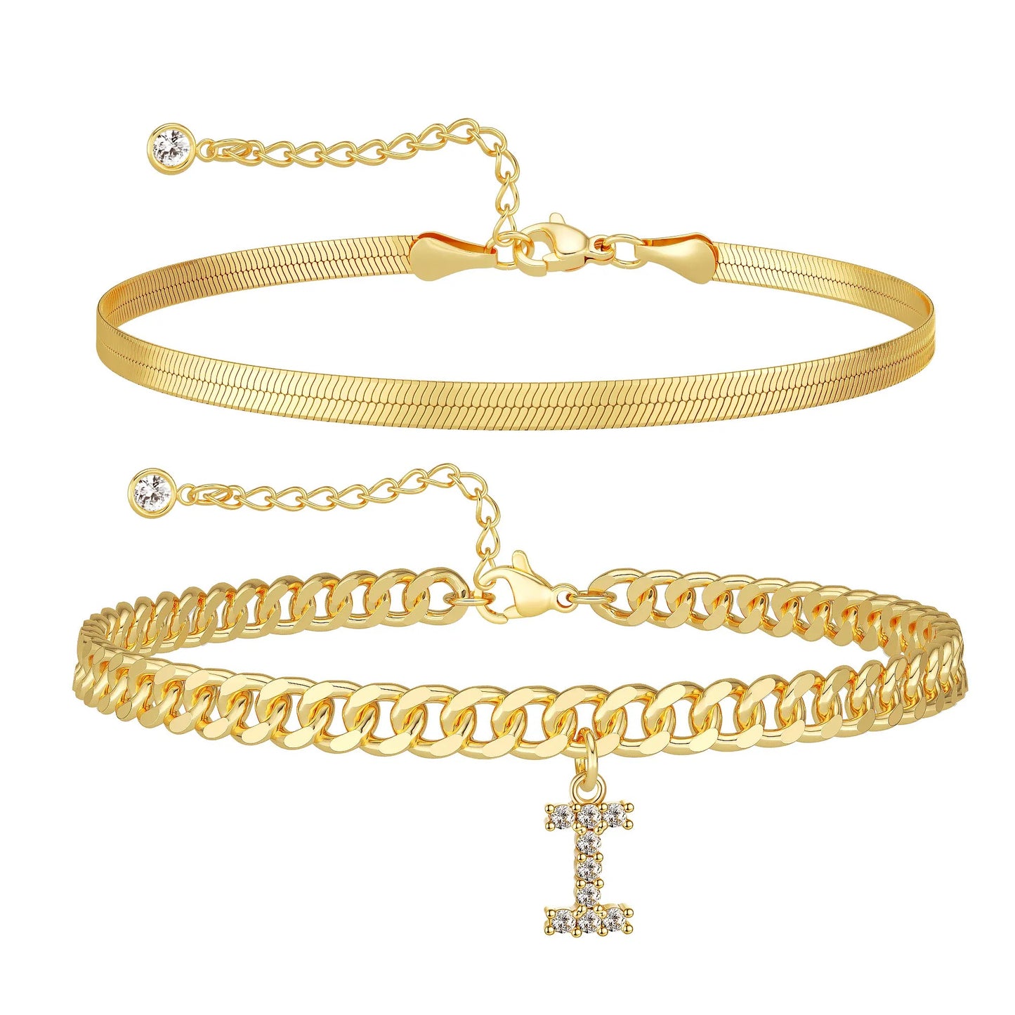 Gold Initial Ankle Bracelets for Women, Layered Snake Cuban Chain Anklet with Cubic Zirconia Letter Charm, Hypoallergenic Adjustable Summer Beach Anklet Jewelry Gift