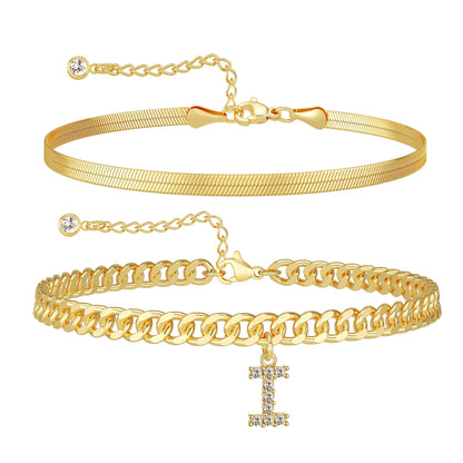 Gold Initial Ankle Bracelets for Women, Layered Snake Cuban Chain Anklet with Cubic Zirconia Letter Charm, Hypoallergenic Adjustable Summer Beach Anklet Jewelry Gift