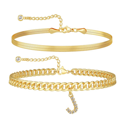 Gold Initial Ankle Bracelets for Women, Layered Snake Cuban Chain Anklet with Cubic Zirconia Letter Charm, Hypoallergenic Adjustable Summer Beach Anklet Jewelry Gift