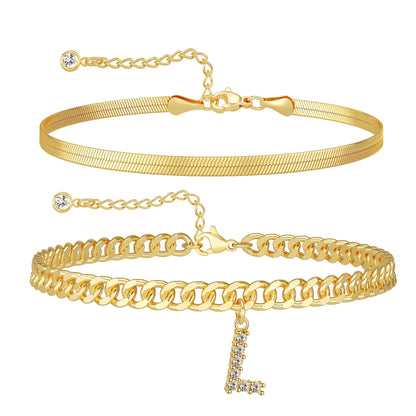 Gold Initial Ankle Bracelets for Women, Layered Snake Cuban Chain Anklet with Cubic Zirconia Letter Charm, Hypoallergenic Adjustable Summer Beach Anklet Jewelry Gift