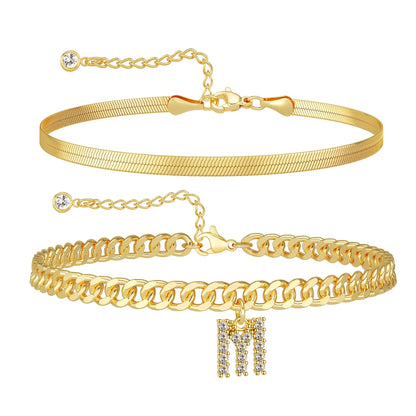 Gold Initial Ankle Bracelets for Women, Layered Snake Cuban Chain Anklet with Cubic Zirconia Letter Charm, Hypoallergenic Adjustable Summer Beach Anklet Jewelry Gift