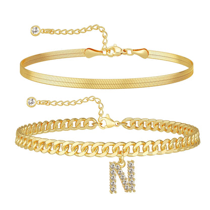 Gold Initial Ankle Bracelets for Women, Layered Snake Cuban Chain Anklet with Cubic Zirconia Letter Charm, Hypoallergenic Adjustable Summer Beach Anklet Jewelry Gift