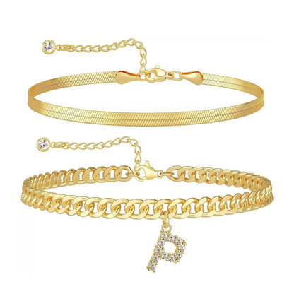 Gold Initial Ankle Bracelets for Women, Layered Snake Cuban Chain Anklet with Cubic Zirconia Letter Charm, Hypoallergenic Adjustable Summer Beach Anklet Jewelry Gift