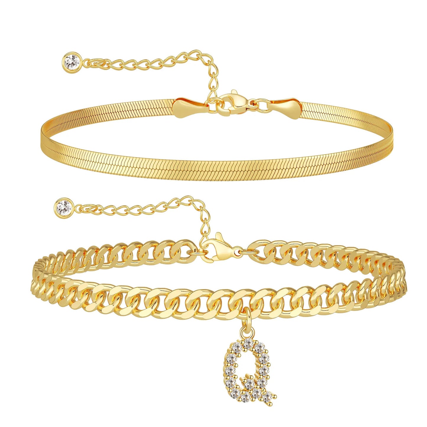 Gold Initial Ankle Bracelets for Women, Layered Snake Cuban Chain Anklet with Cubic Zirconia Letter Charm, Hypoallergenic Adjustable Summer Beach Anklet Jewelry Gift