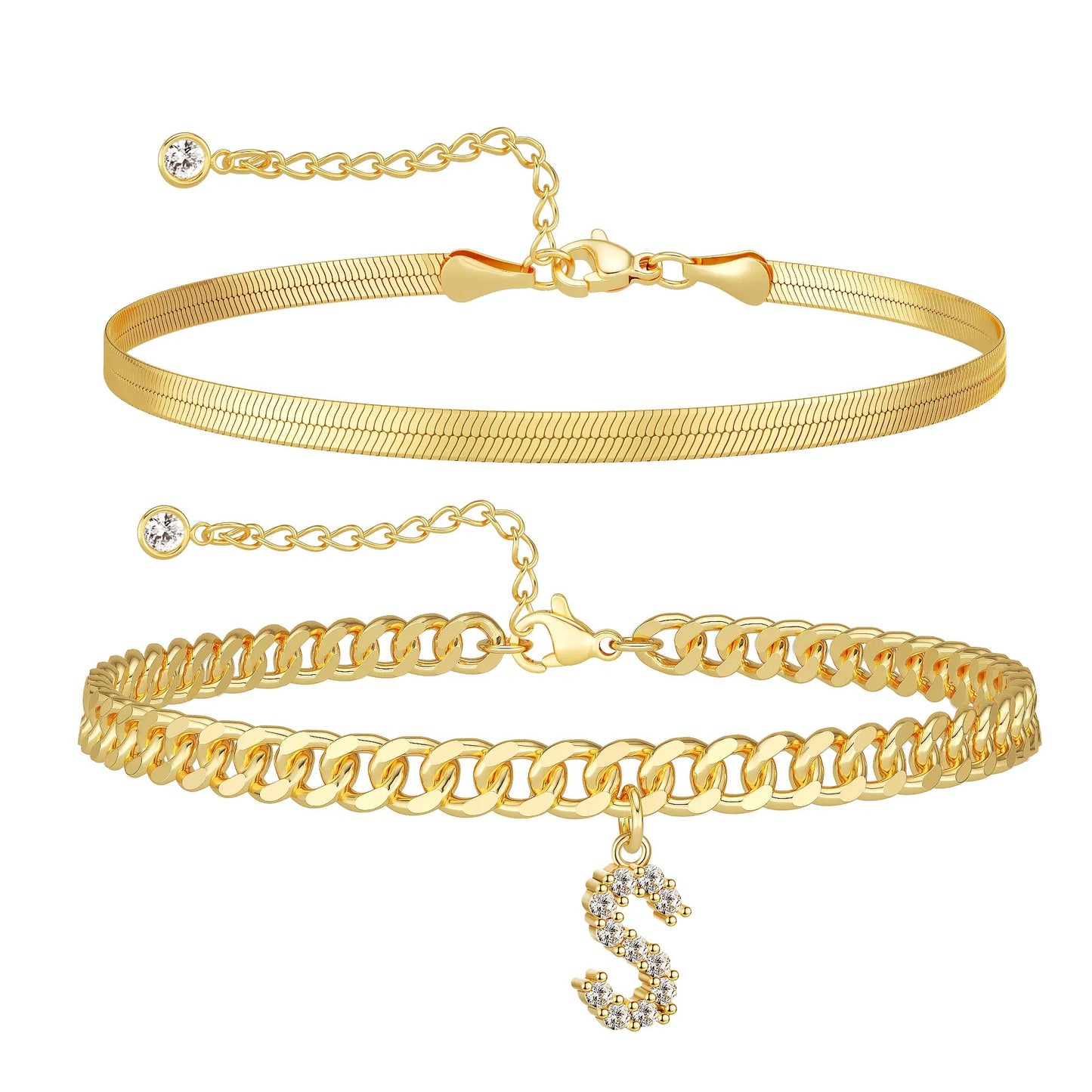 Gold Initial Ankle Bracelets for Women, Layered Snake Cuban Chain Anklet with Cubic Zirconia Letter Charm, Hypoallergenic Adjustable Summer Beach Anklet Jewelry Gift