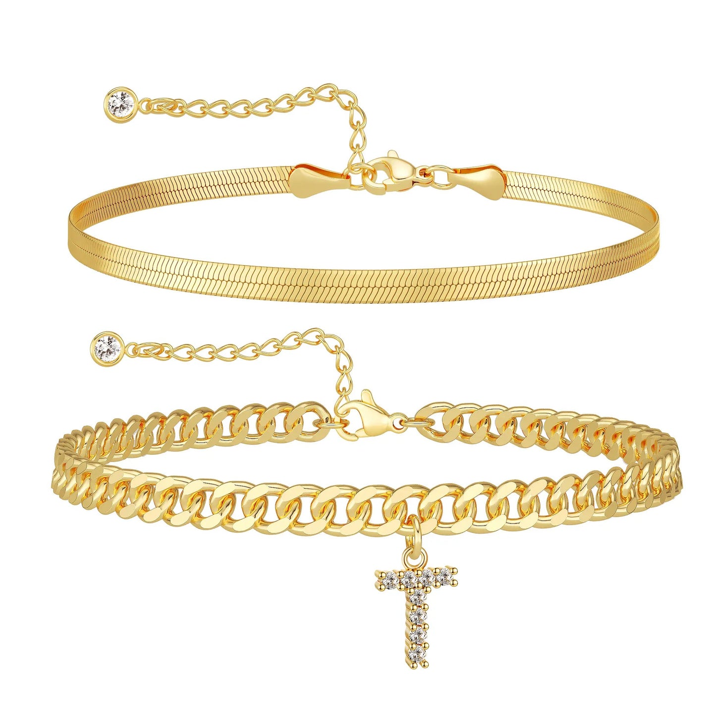 Gold Initial Ankle Bracelets for Women, Layered Snake Cuban Chain Anklet with Cubic Zirconia Letter Charm, Hypoallergenic Adjustable Summer Beach Anklet Jewelry Gift