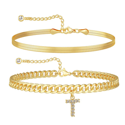 Gold Initial Ankle Bracelets for Women, Layered Snake Cuban Chain Anklet with Cubic Zirconia Letter Charm, Hypoallergenic Adjustable Summer Beach Anklet Jewelry Gift