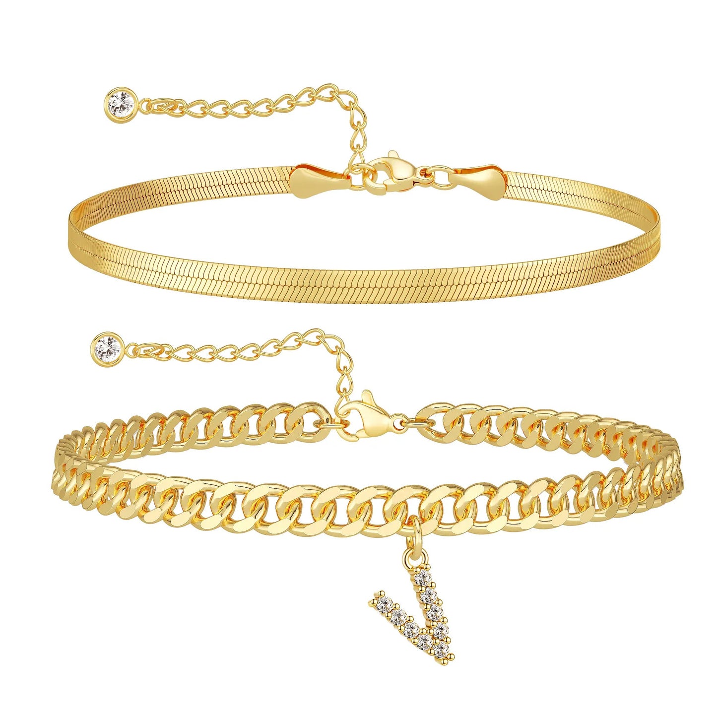 Gold Initial Ankle Bracelets for Women, Layered Snake Cuban Chain Anklet with Cubic Zirconia Letter Charm, Hypoallergenic Adjustable Summer Beach Anklet Jewelry Gift