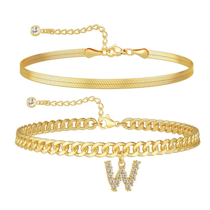Gold Initial Ankle Bracelets for Women, Layered Snake Cuban Chain Anklet with Cubic Zirconia Letter Charm, Hypoallergenic Adjustable Summer Beach Anklet Jewelry Gift