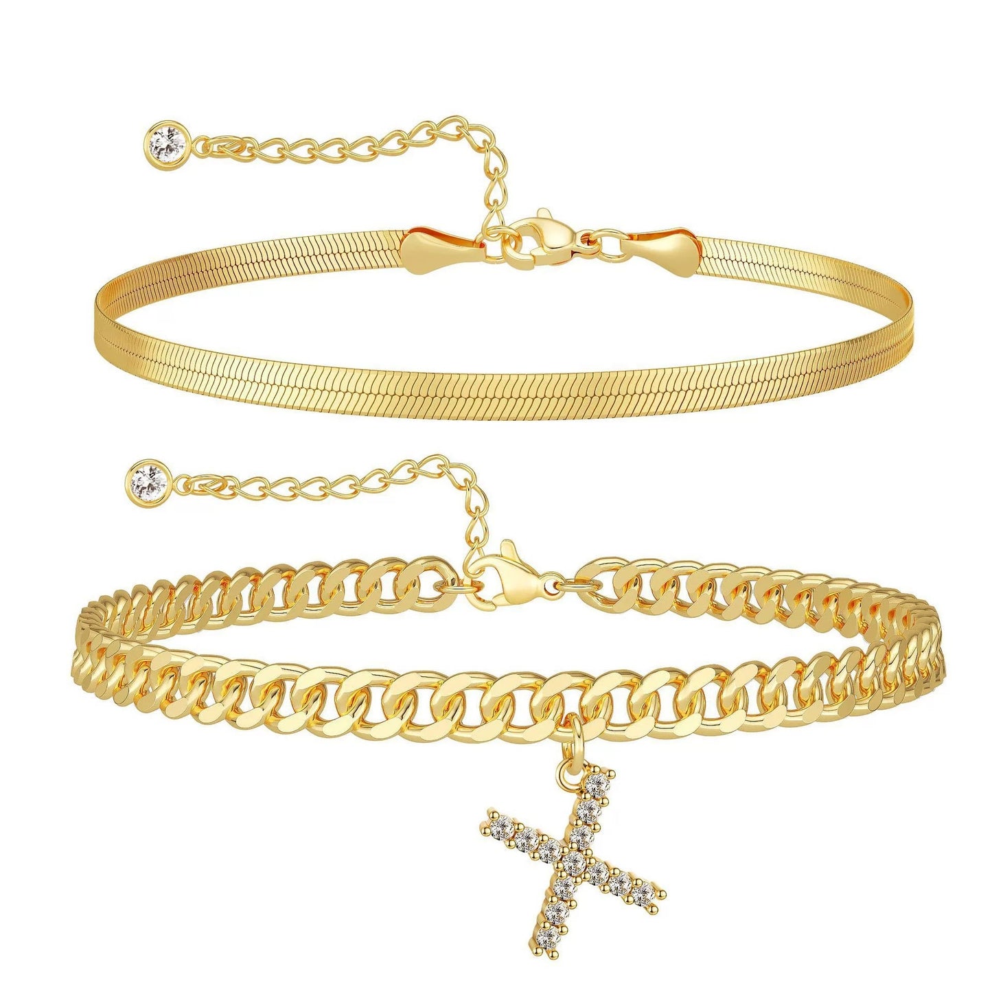 Gold Initial Ankle Bracelets for Women, Layered Snake Cuban Chain Anklet with Cubic Zirconia Letter Charm, Hypoallergenic Adjustable Summer Beach Anklet Jewelry Gift