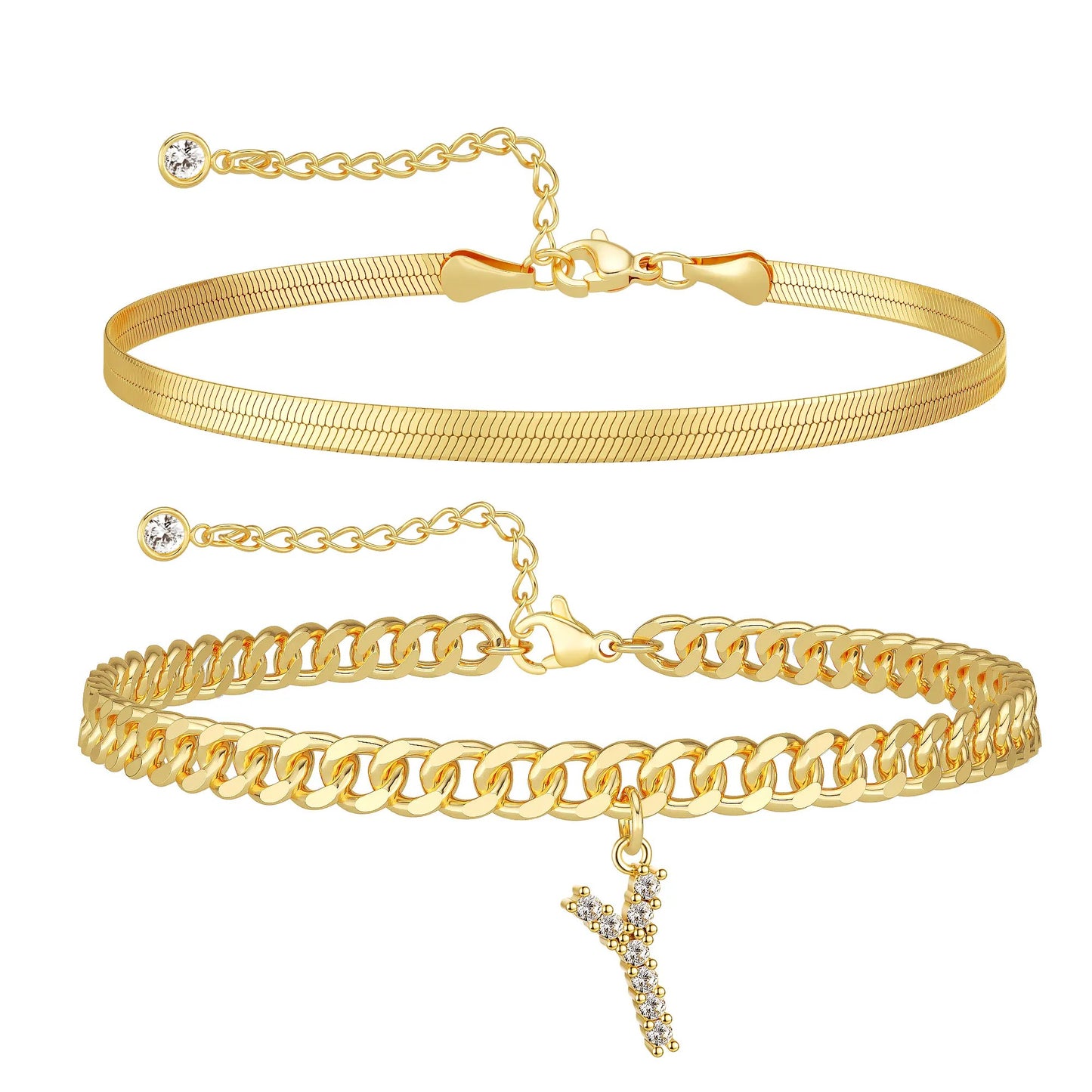 Gold Initial Ankle Bracelets for Women, Layered Snake Cuban Chain Anklet with Cubic Zirconia Letter Charm, Hypoallergenic Adjustable Summer Beach Anklet Jewelry Gift