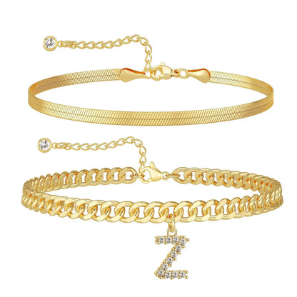 Gold Initial Ankle Bracelets for Women, Layered Snake Cuban Chain Anklet with Cubic Zirconia Letter Charm, Hypoallergenic Adjustable Summer Beach Anklet Jewelry Gift