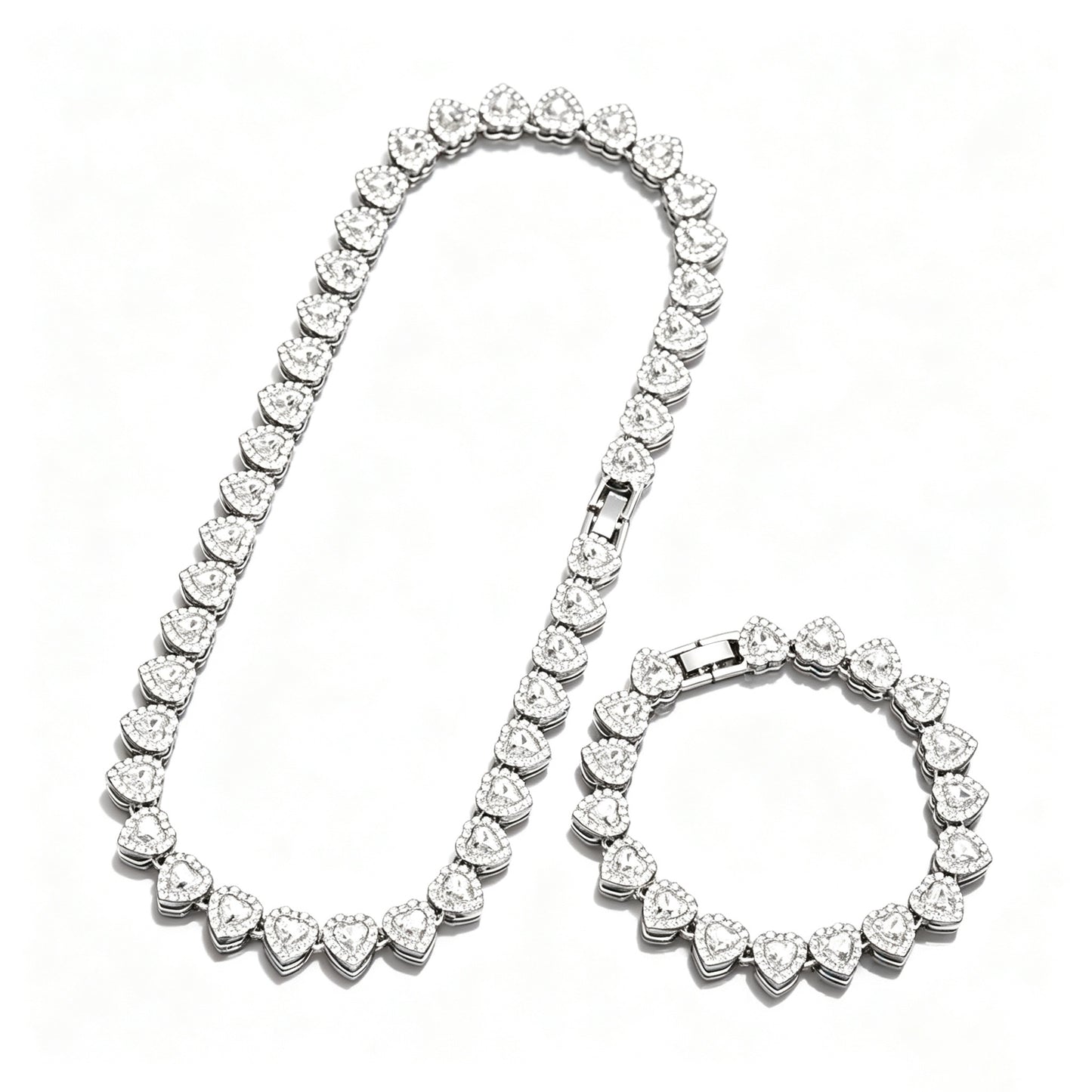 Heart Tennis Chain Necklace Bracelet Set for Men Women, Sparkling Cubic Zirconia Heart Link Jewelry Set, Silver Plated Hip Hop Party Dating Accessories Gift