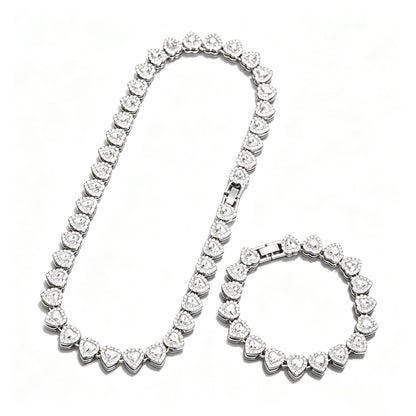 Heart Tennis Chain Necklace Bracelet Set for Men Women, Sparkling Cubic Zirconia Heart Link Jewelry Set, Silver Plated Hip Hop Party Dating Accessories Gift