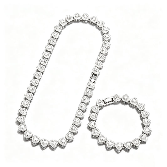 Heart Tennis Chain Necklace Bracelet Set for Men Women, Sparkling Cubic Zirconia Heart Link Jewelry Set, Silver Plated Hip Hop Party Dating Accessories Gift