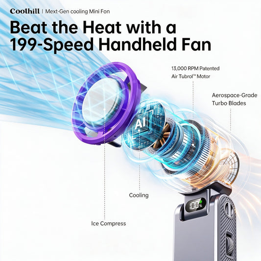 Coolhill Portable Handheld Fan, Ice Compress Cooling Mini Fan with 199 Speed, 5500mAh Rechargeable Battery LED Power Display, Foldable Personal Fan with Lanyard for Outdoor Travel