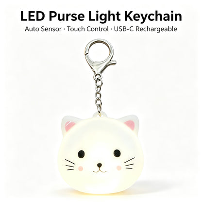 Cute Cat LED Purse Light Keychain, USB‑C Rechargeable Auto Sensor & Touch Control Bag Charm, Mini Night Light for Handbag, Backpack Accessories Gift for Women Girls