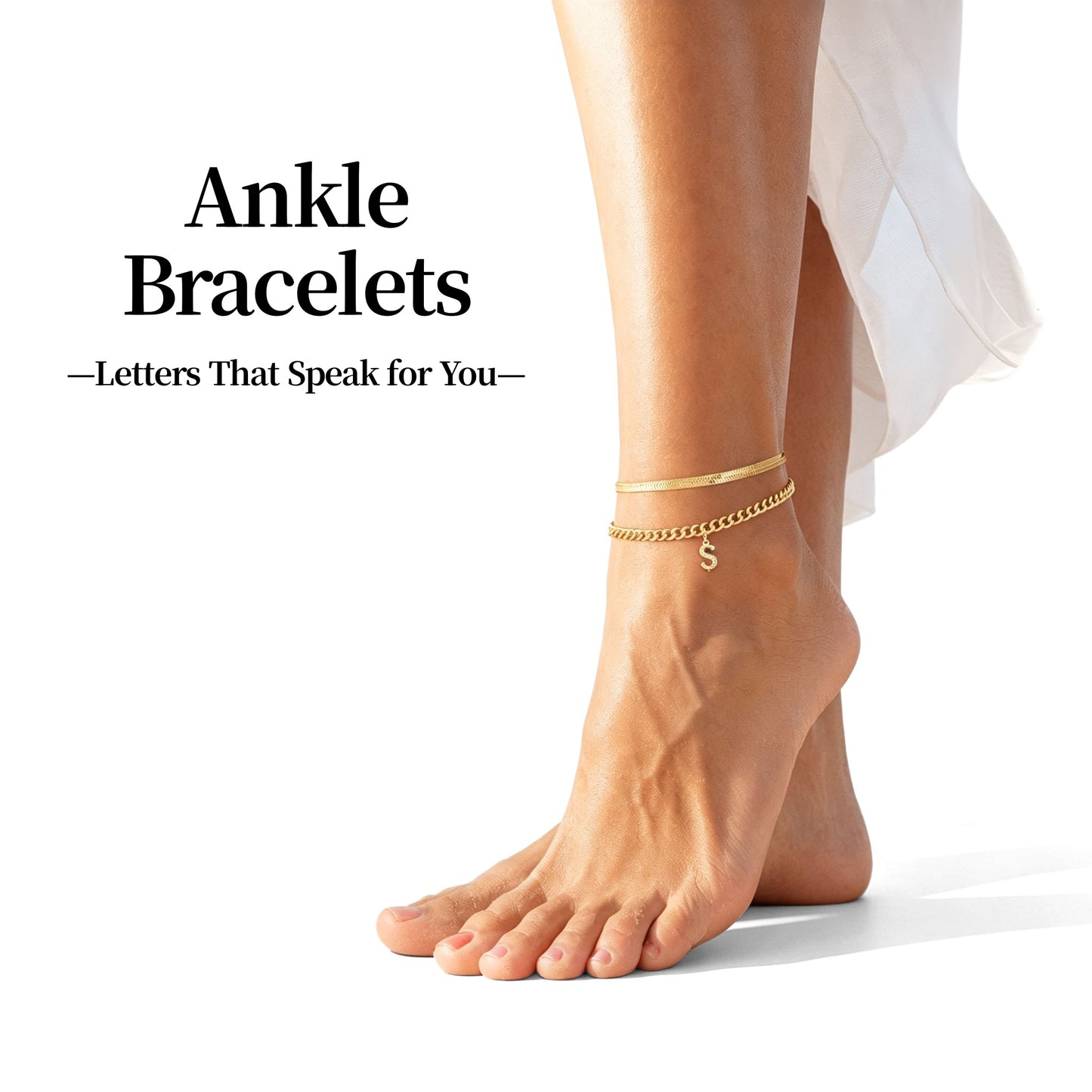 Gold Initial Ankle Bracelets for Women, Layered Snake Cuban Chain Anklet with Cubic Zirconia Letter Charm, Hypoallergenic Adjustable Summer Beach Anklet Jewelry Gift