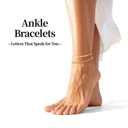 Gold Initial Ankle Bracelets for Women, Layered Snake Cuban Chain Anklet with Cubic Zirconia Letter Charm, Hypoallergenic Adjustable Summer Beach Anklet Jewelry Gift