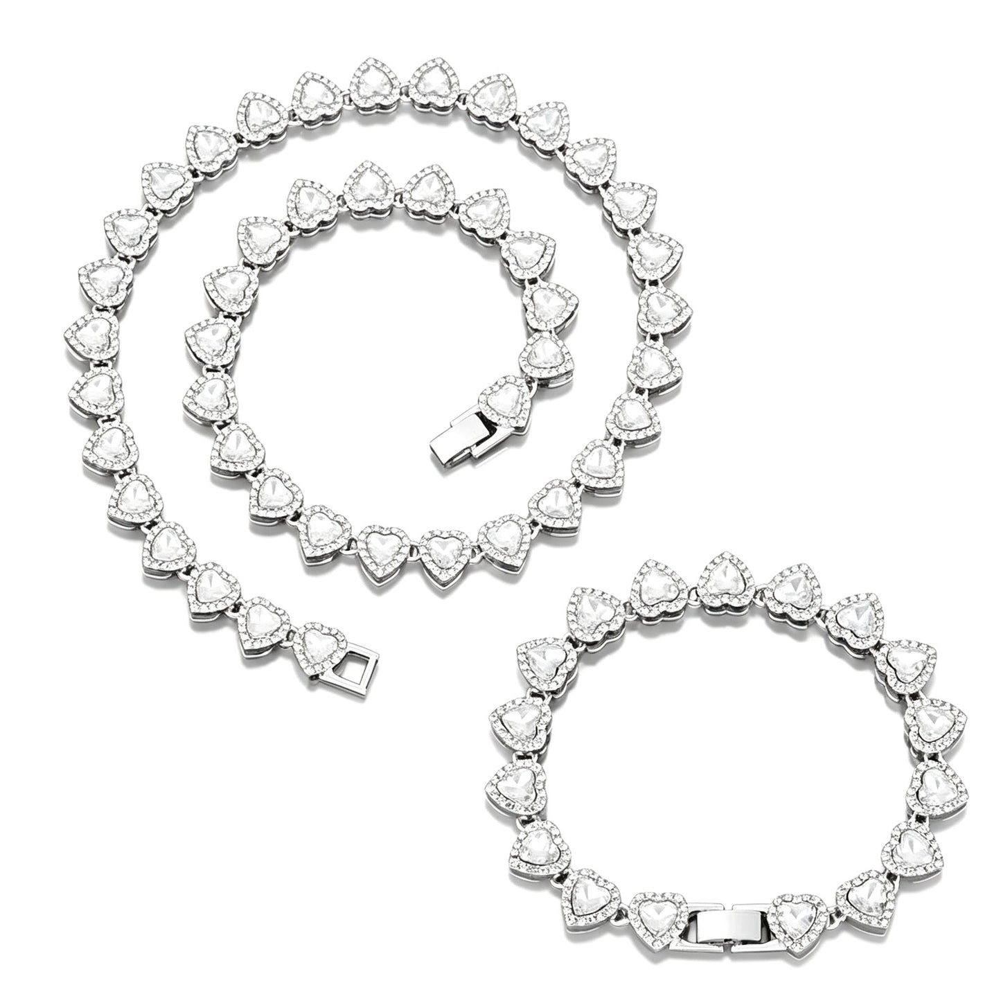 Heart Tennis Chain Necklace Bracelet Set for Men Women, Sparkling Cubic Zirconia Heart Link Jewelry Set, Silver Plated Hip Hop Party Dating Accessories Gift