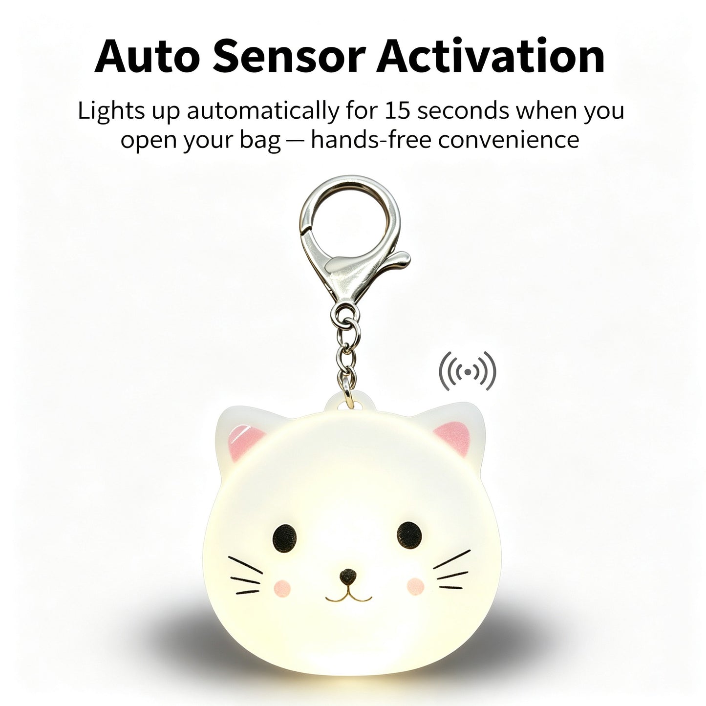 Cute Cat LED Purse Light Keychain, USB‑C Rechargeable Auto Sensor & Touch Control Bag Charm, Mini Night Light for Handbag, Backpack Accessories Gift for Women Girls