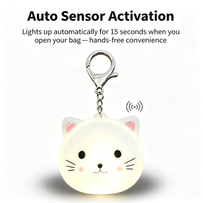 Cute Cat LED Purse Light Keychain, USB‑C Rechargeable Auto Sensor & Touch Control Bag Charm, Mini Night Light for Handbag, Backpack Accessories Gift for Women Girls