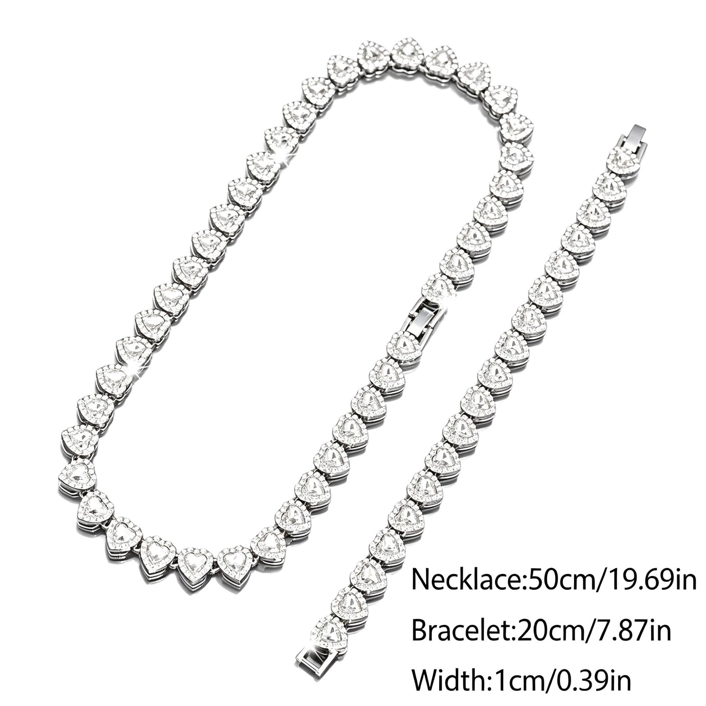 Heart Tennis Chain Necklace Bracelet Set for Men Women, Sparkling Cubic Zirconia Heart Link Jewelry Set, Silver Plated Hip Hop Party Dating Accessories Gift