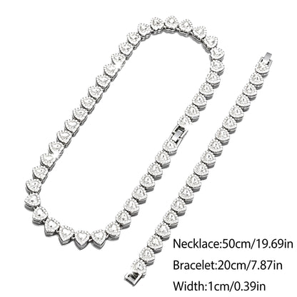 Heart Tennis Chain Necklace Bracelet Set for Men Women, Sparkling Cubic Zirconia Heart Link Jewelry Set, Silver Plated Hip Hop Party Dating Accessories Gift