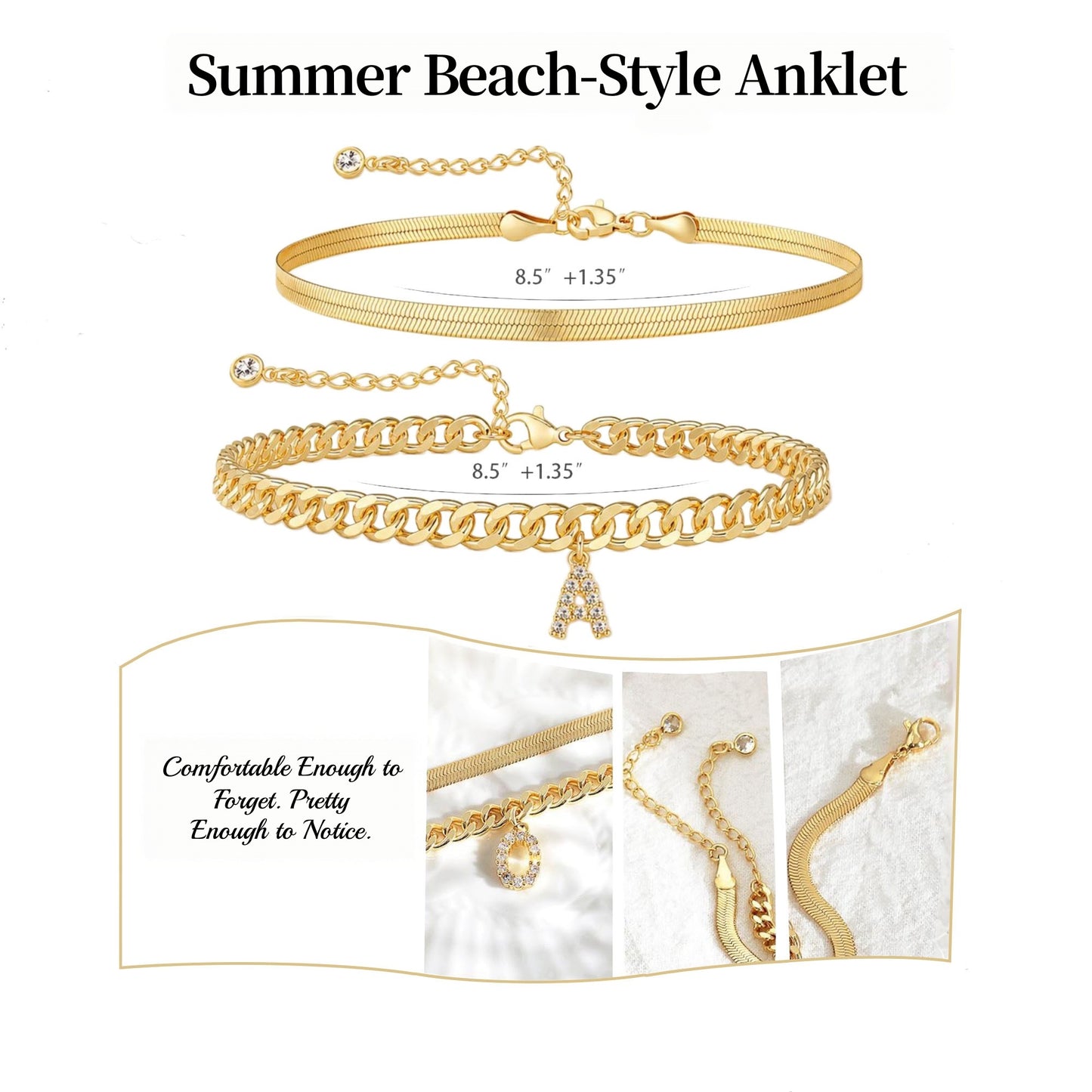 Gold Initial Ankle Bracelets for Women, Layered Snake Cuban Chain Anklet with Cubic Zirconia Letter Charm, Hypoallergenic Adjustable Summer Beach Anklet Jewelry Gift