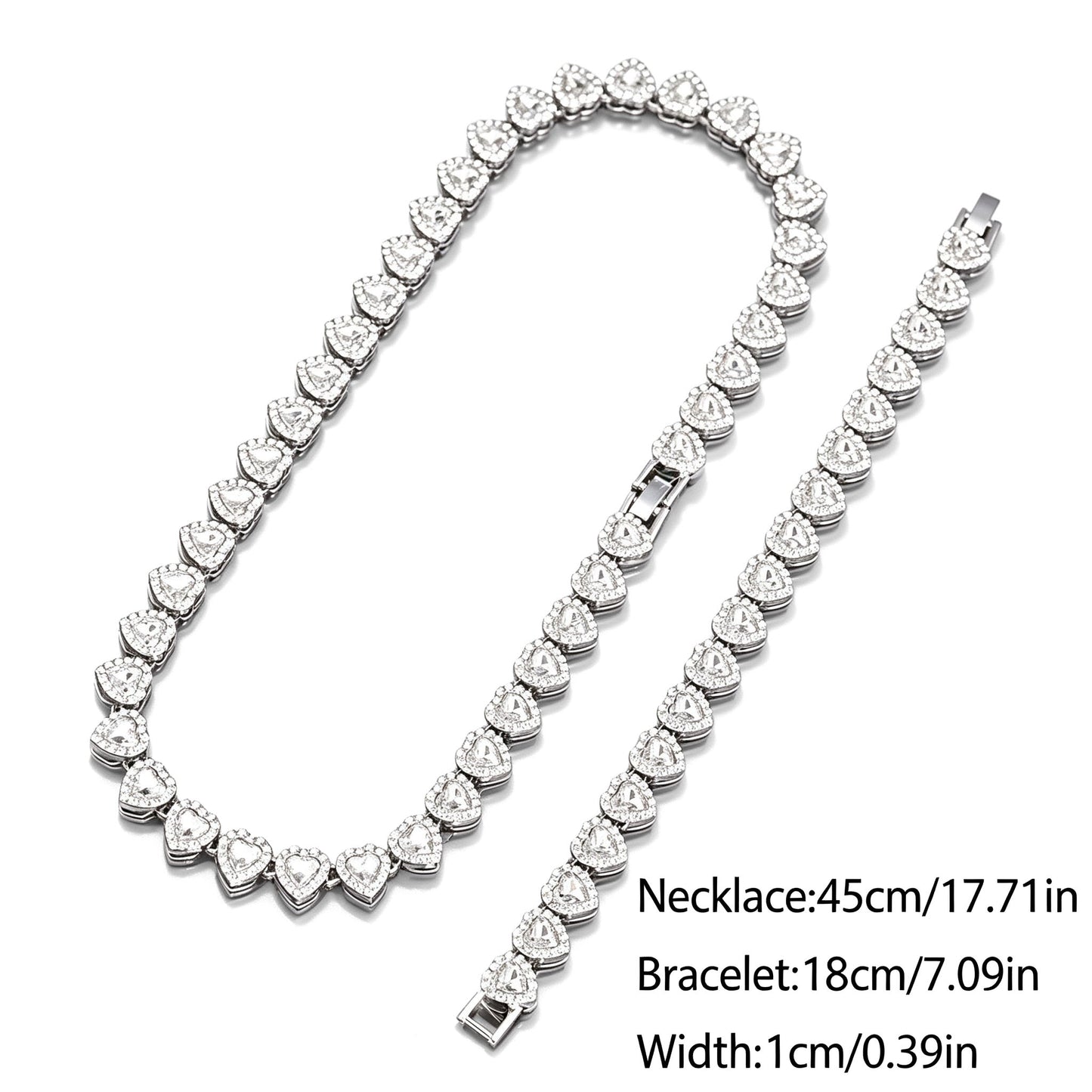 Heart Tennis Chain Necklace Bracelet Set for Men Women, Sparkling Cubic Zirconia Heart Link Jewelry Set, Silver Plated Hip Hop Party Dating Accessories Gift