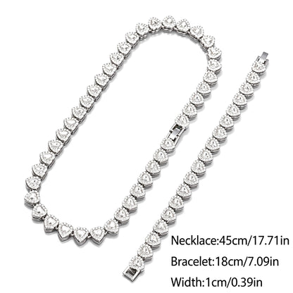 Heart Tennis Chain Necklace Bracelet Set for Men Women, Sparkling Cubic Zirconia Heart Link Jewelry Set, Silver Plated Hip Hop Party Dating Accessories Gift