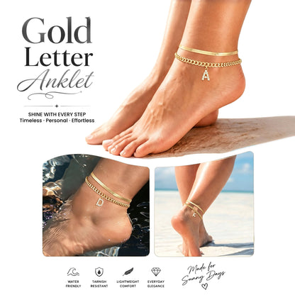 Gold Initial Ankle Bracelets for Women, Layered Snake Cuban Chain Anklet with Cubic Zirconia Letter Charm, Hypoallergenic Adjustable Summer Beach Anklet Jewelry Gift