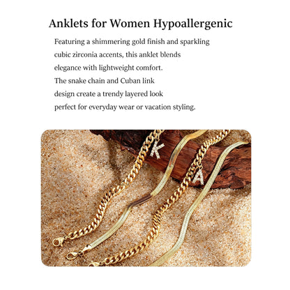 Gold Initial Ankle Bracelets for Women, Layered Snake Cuban Chain Anklet with Cubic Zirconia Letter Charm, Hypoallergenic Adjustable Summer Beach Anklet Jewelry Gift