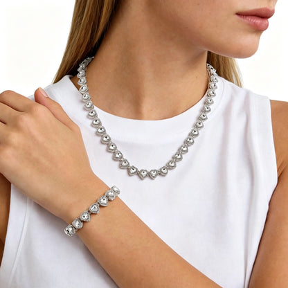 Heart Tennis Chain Necklace Bracelet Set for Men Women, Sparkling Cubic Zirconia Heart Link Jewelry Set, Silver Plated Hip Hop Party Dating Accessories Gift