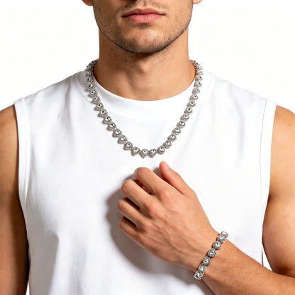 Heart Tennis Chain Necklace Bracelet Set for Men Women, Sparkling Cubic Zirconia Heart Link Jewelry Set, Silver Plated Hip Hop Party Dating Accessories Gift