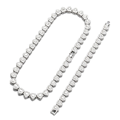 Heart Tennis Chain Necklace Bracelet Set for Men Women, Sparkling Cubic Zirconia Heart Link Jewelry Set, Silver Plated Hip Hop Party Dating Accessories Gift