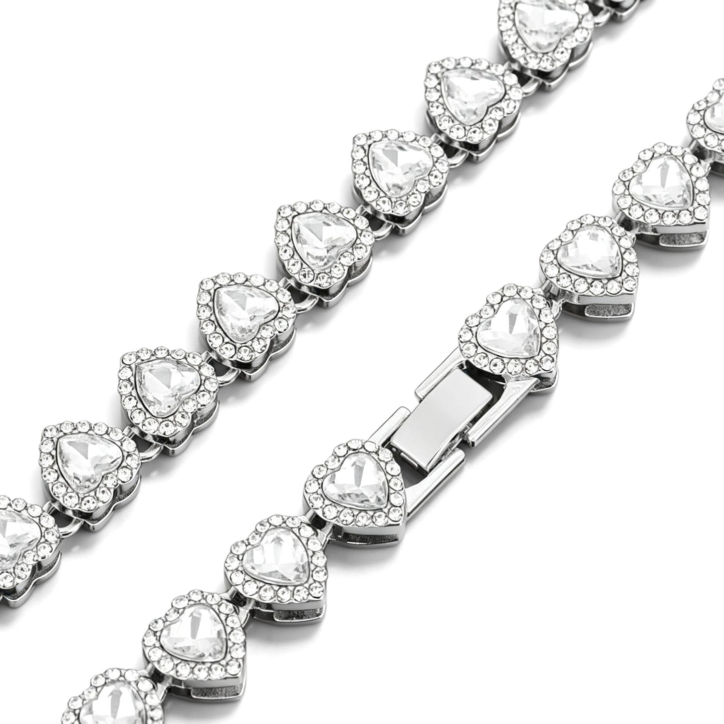 Heart Tennis Chain Necklace Bracelet Set for Men Women, Sparkling Cubic Zirconia Heart Link Jewelry Set, Silver Plated Hip Hop Party Dating Accessories Gift