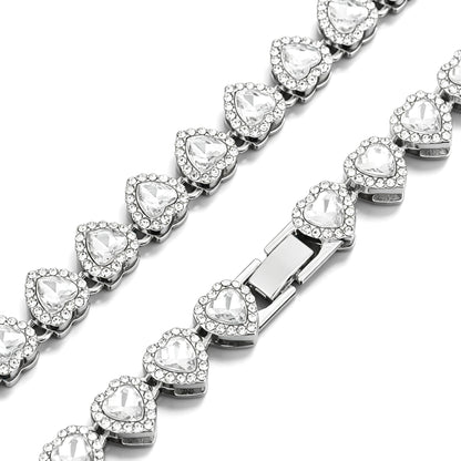 Heart Tennis Chain Necklace Bracelet Set for Men Women, Sparkling Cubic Zirconia Heart Link Jewelry Set, Silver Plated Hip Hop Party Dating Accessories Gift