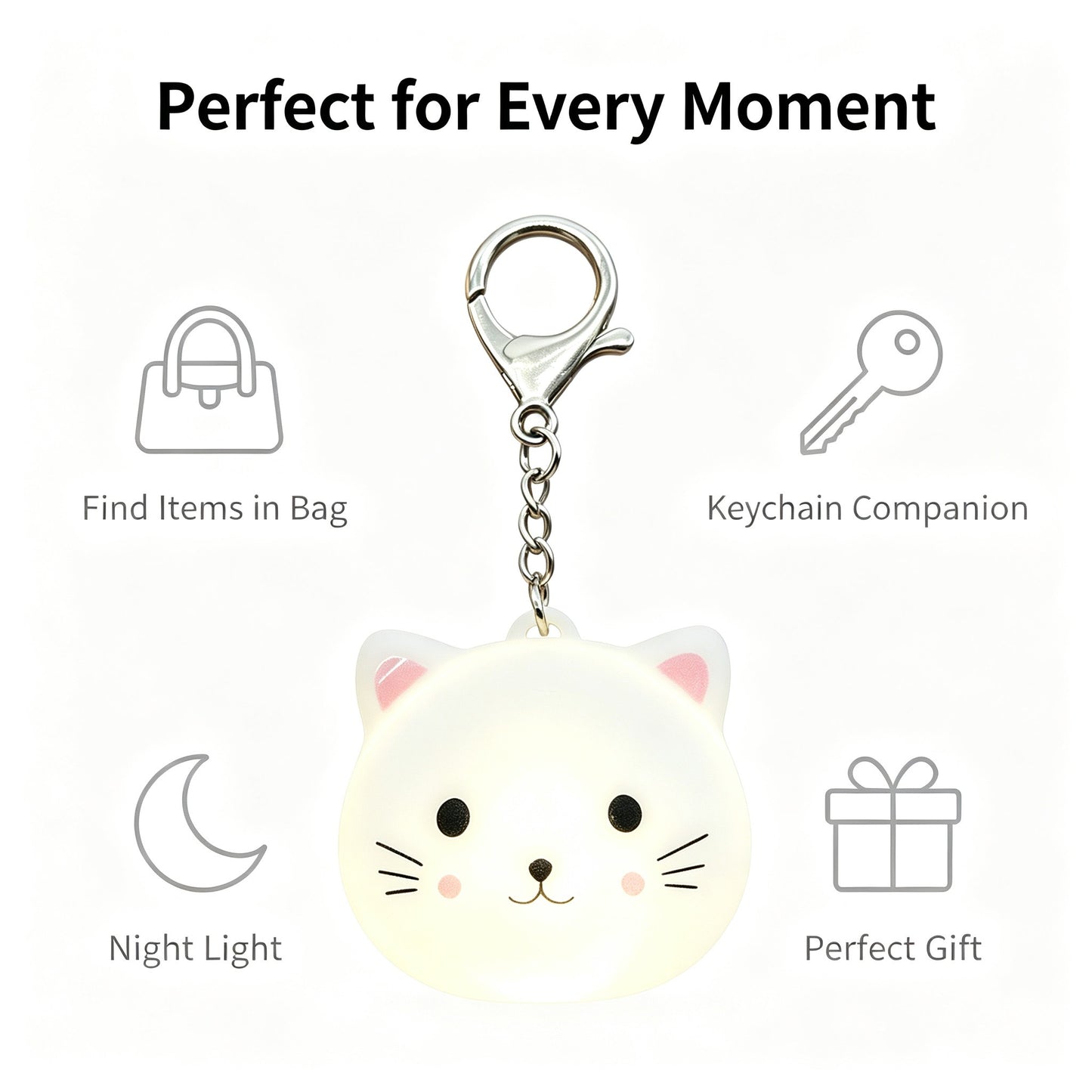 Cute Cat LED Purse Light Keychain, USB‑C Rechargeable Auto Sensor & Touch Control Bag Charm, Mini Night Light for Handbag, Backpack Accessories Gift for Women Girls